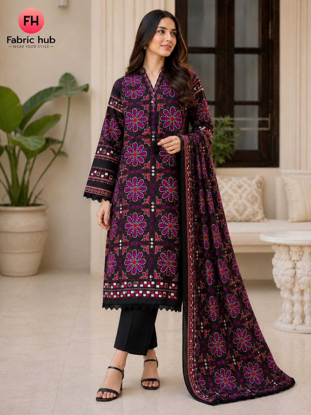 Article-0006 Sapphire 3-Piece Stitched Lawn Suit for Women – Shirt, Trouser & Dupatta | Summer Collection Pakistan