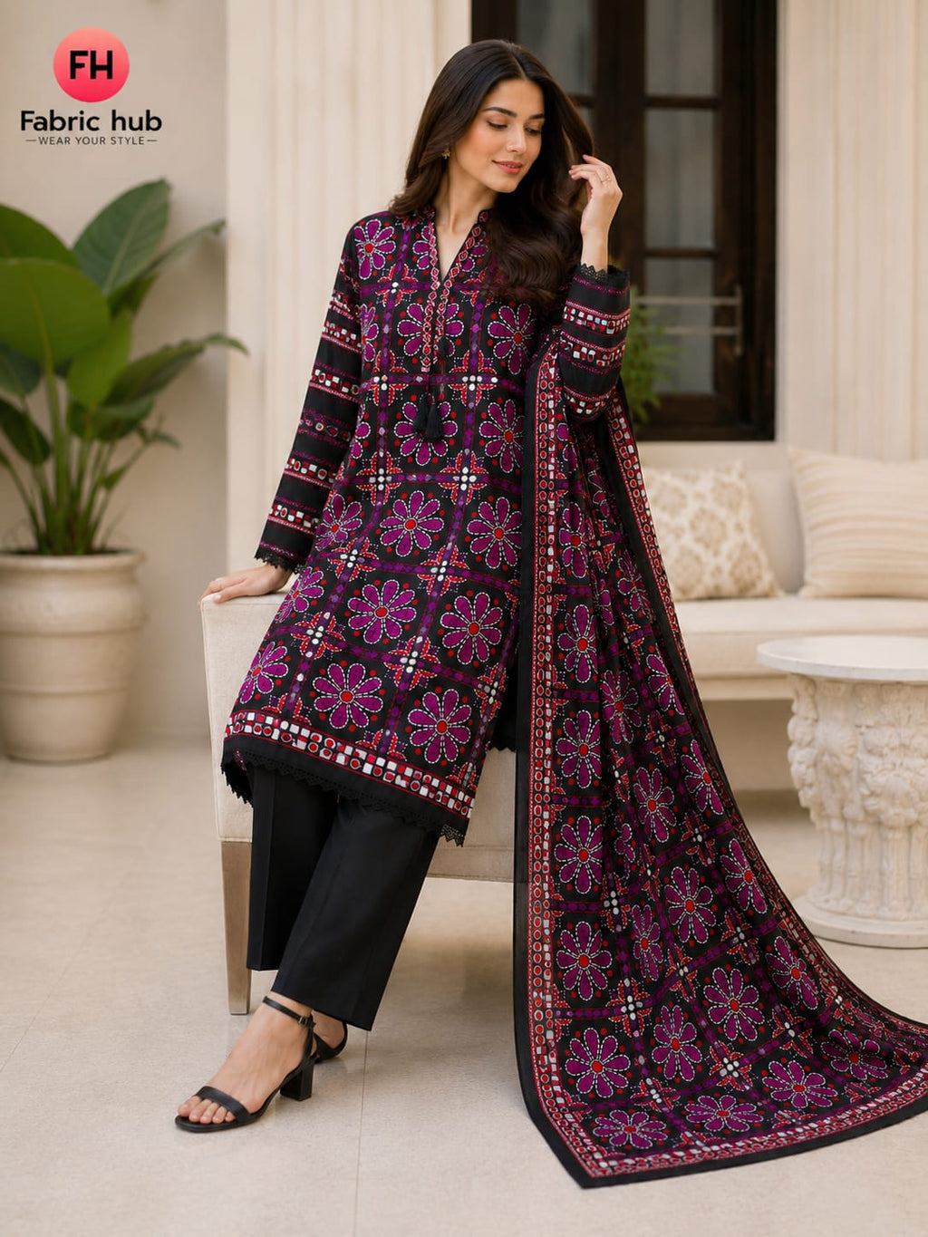 Article-0006 Sapphire 3-Piece Stitched Lawn Suit for Women – Shirt, Trouser & Dupatta | Summer Collection Pakistan