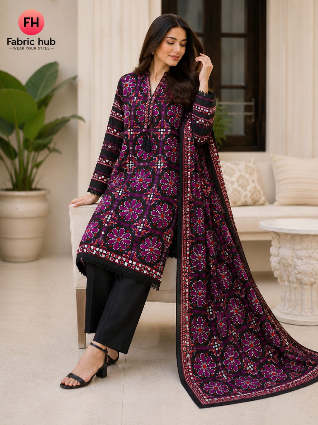 Article-0006 Sapphire 3-Piece Stitched Lawn Suit for Women – Shirt, Trouser & Dupatta | Summer Collection Pakistan
